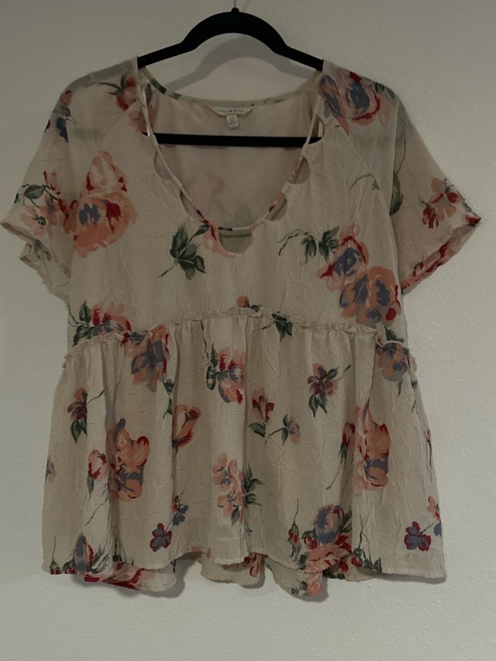 Lucky Brand Cream Floral Short Sleeve Peplum Blouse